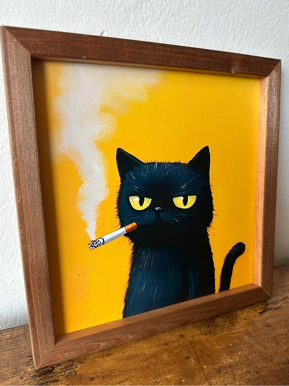 Framed Black Cat Smoking Art Wooden Wall Decor on Yellow Back 8x8” NEW - Picture 3 of 6